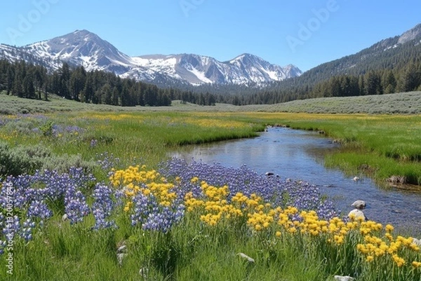 Fototapeta Scenic Mountain Landscape with Colorful Wildflowers and Stream