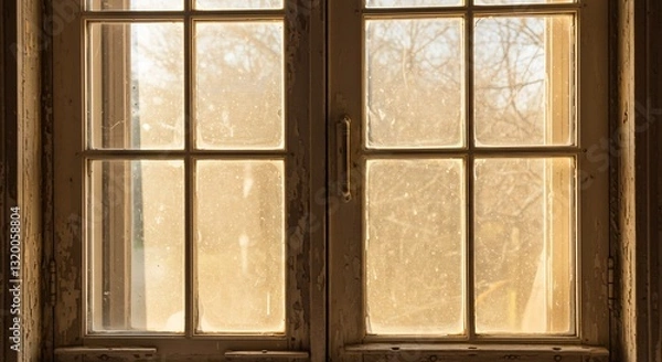 Fototapeta Golden light streams through old window panes. AI Generated