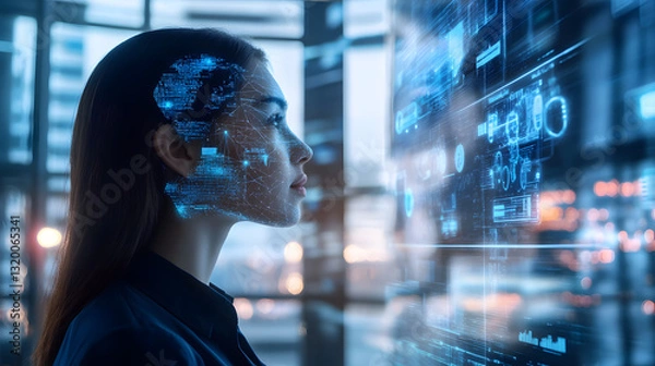 Fototapeta Robotics-driven corporate workforce management in urban office digital insights futuristic environment professional viewpoint