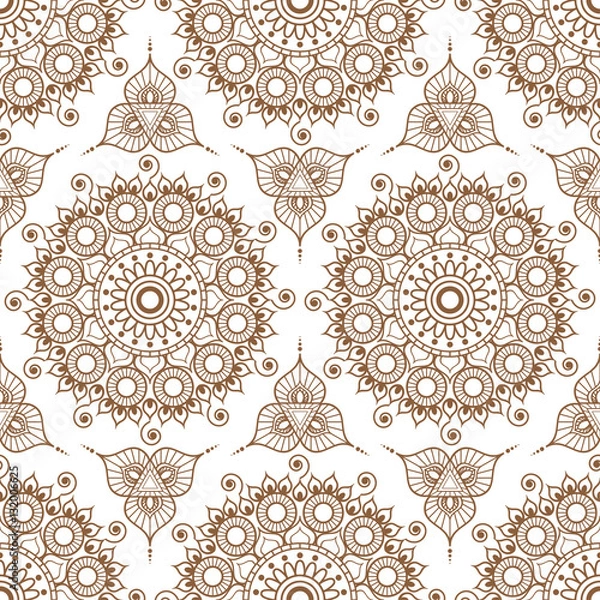 Fototapeta Background with brown and white mehndi henna seamless lace buta decoration items on white background in Indian style.
