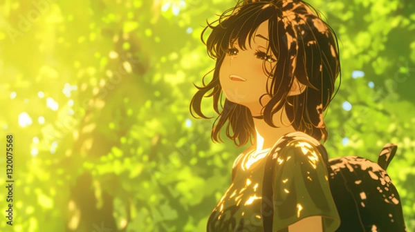 Fototapeta A young woman enjoying a serene moment in a sunlit forest, surrounded by lush greenery and tranquility