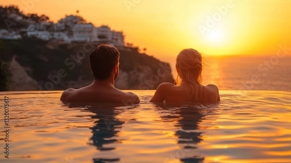 Fototapeta Couples Relaxing in Infinity Pool at Sunset with Scenic Ocean View