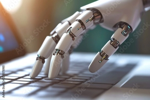 Obraz 3D rendering of a robotic hand typing on a laptop keyboard.