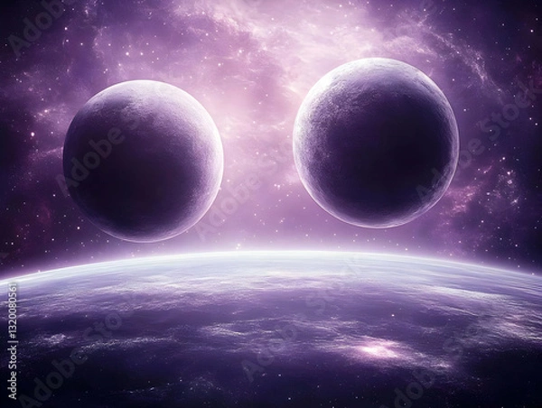 Obraz Two Purple Planets Orbiting a Distant World in a Cosmic Background, Digital Art