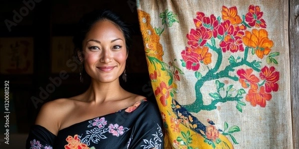 Fototapeta A woman is standing in front of a curtain with a floral pattern. She is smiling. The curtain is hanging on the wall
