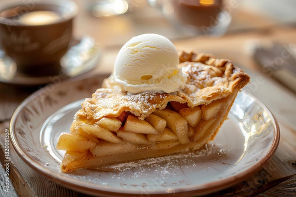 Fototapeta Vanilla ice cream on apple pie.