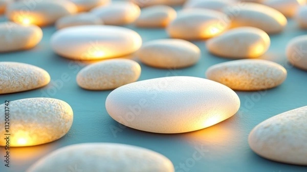 Fototapeta Smooth Vibrant Teal Background with Softly Glowing Pebbles in a Calming Arrangement for Tranquil Settings