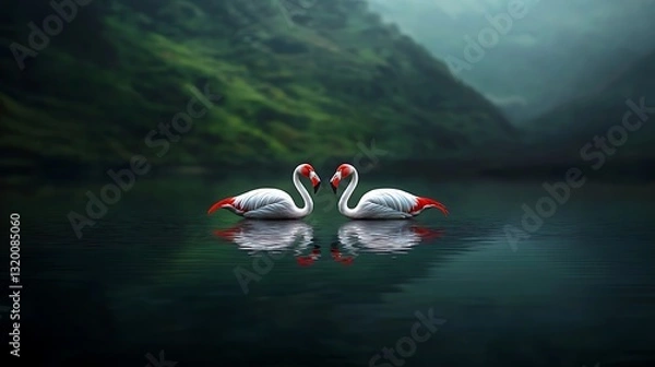 Fototapeta Serene scene of two elegant swans gracefully mirrored on a tranquil lake surrounded by lush greenery