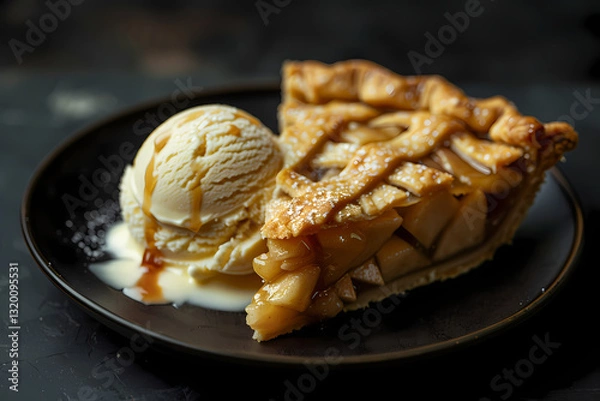 Fototapeta slice of apple pie served on a ceramic plate, with a scoop of vanilla ice cream