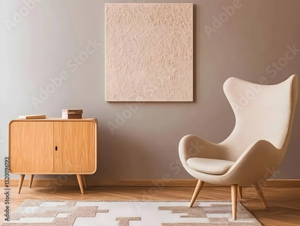 Fototapeta Beige armchair rests on rug near wooden cabinet and textured wall art in a minimalist room setting.