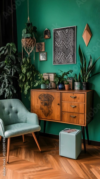 Fototapeta Mid-century Modern Room Decor: Teal Chair and Wooden Cabinet with Green Plants against Emerald Green Wall