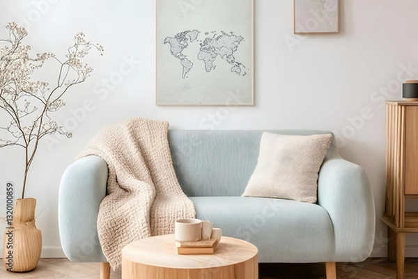 Fototapeta Light Blue Sofa with Beige Throw and Pillow, Wooden Coffee Table, and World Map Print in Minimalist Living Room Setting
