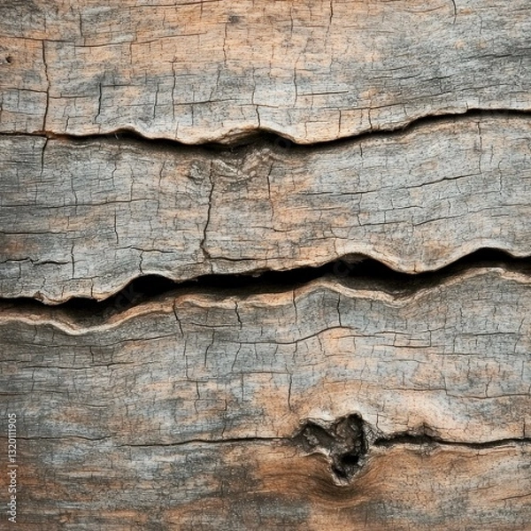 Obraz Cracked, weathered wood texture with deep crevices and gray tones.
