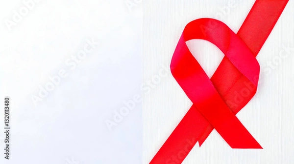 Fototapeta Red Awareness Ribbon Tied on White Textured Background, Symbolic of Support and Hope.