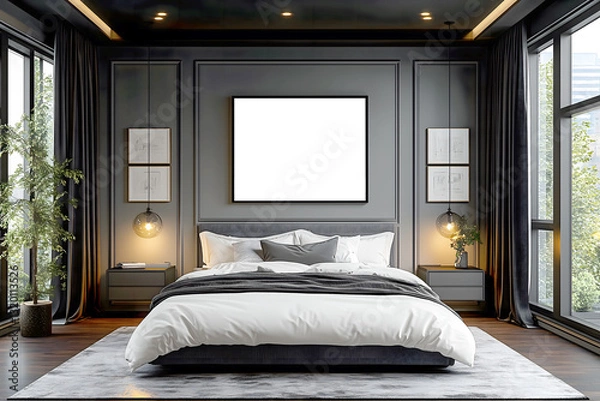 Fototapeta Modern Bedroom Interior with Artwork Mockup Minimalist Design with Gray Wall and Elegant Bedding Contemporary Home  with City View