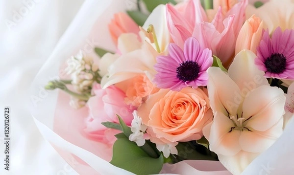 Fototapeta A stunning bouquet of vibrant flowers, elegantly arranged with a mix of roses, tulips, and lilies, Generative AI