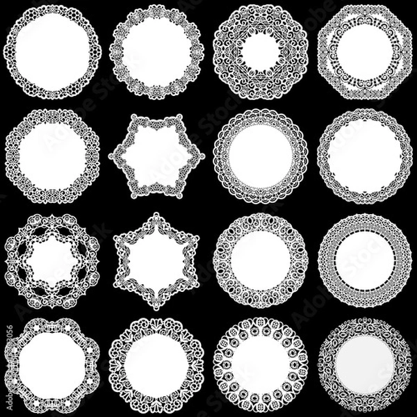Obraz Large  set of design elements, lace round paper doily, doily to decorate the cake, template for cutting, greeting element, laser cut;  vector illustrations
