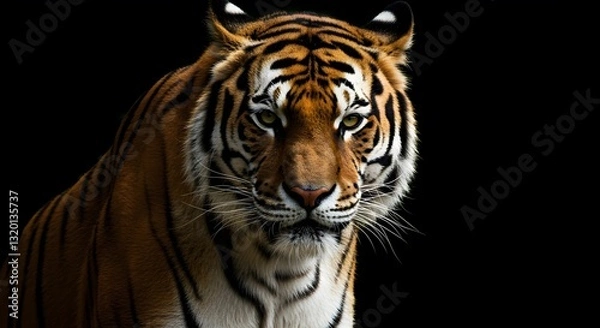 Fototapeta A striking portrait of a tiger with a bold black background, capturing the animal's power, elegance, and fierce beauty.