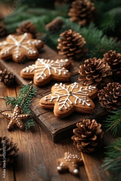 Fototapeta Gingerbread Cookies and Pinecones on Rustic Wooden Table with Warm Cozy Christmas Aesthetic