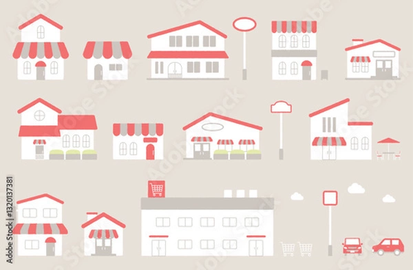 Obraz 建物・店舗ベクターイラストセット シンプル かわいい お店 ショップ