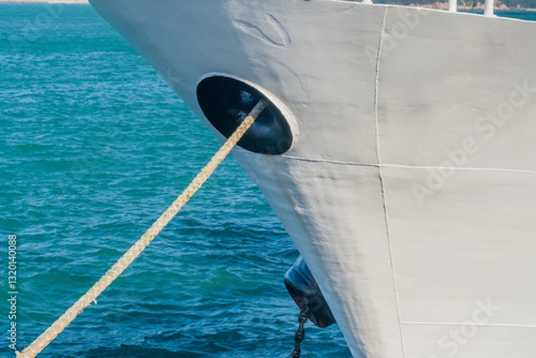Fototapeta Close-up of a ship's bow with a rope extending into the blue sea, taken in Wando, South Korea
