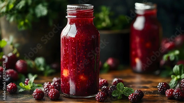 Fototapeta Bright Red Raspberry Juice in a Glass Bottle with Blurred Background on Wood Surface and Garnish with Mint Leaves Offers Healthy and Refreshing Beverage