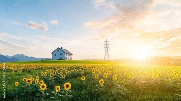 Fototapeta Serene Landscape with Sunflowers and House at Sunset in Nature