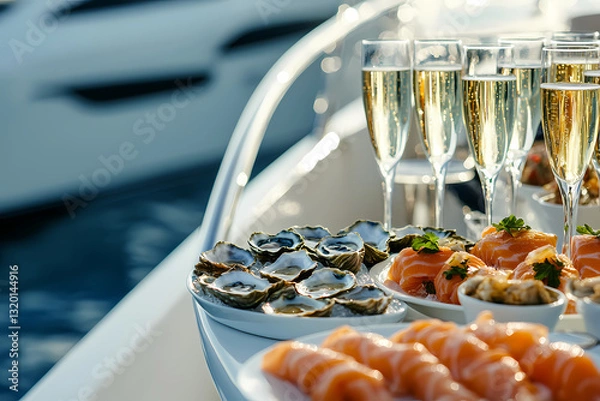 Fototapeta Luxury Yacht Aperitifs:  A spread of delectable delicacies on a pristine white yacht deck - shimmering champagne, fresh oysters, and salmon sashimi  -  the epitome of refined coastal living.