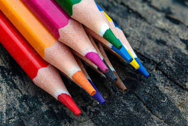 Fototapeta Close-Up of Colorful Pencils with Dusty Texture. Multicolored Pencils in close up Macro View