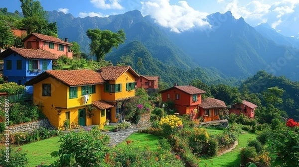 Fototapeta Colorful mountain village homes with lush gardens and mountains in background