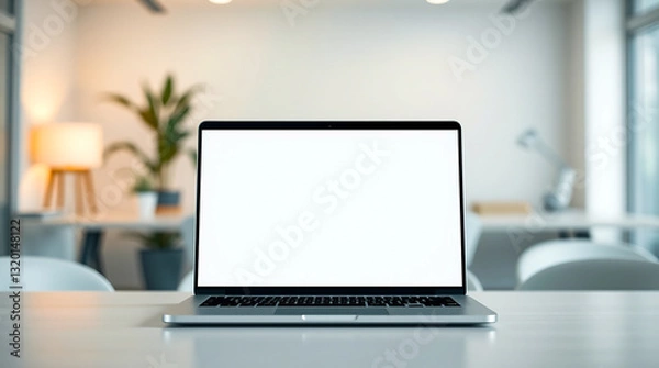 Fototapeta Modern Laptop Computer Mockup White Screen Office Workspace Clean Minimalist Design Technology Digital Device Blank Display Business Workplace        