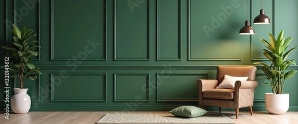 Fototapeta Interior of a room featuring a cozy armchair adorned with pillows and a houseplant positioned against the wall.