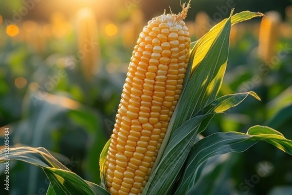 Fototapeta Vibrant Corn Cob in Lush Green Field with Sunlight