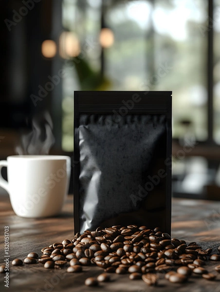 Obraz 13コーヒー豆ブラックパッケージのモックアップ　Gererated AI