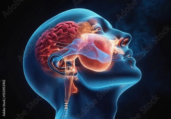 Fototapeta Anatomical Illustration of Human Head Profile Respiratory System Airflow Paths Snoring Diagram