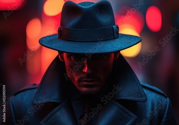Fototapeta noir detective investigation mystery retro private spy man in trench coat fedora