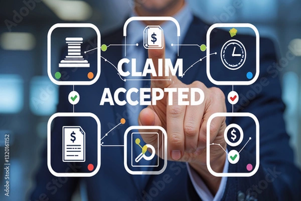 Fototapeta businessman working on virtual touch screen. Insurance Claim Approved. Claim Compensation Accepted Management Business Department Concept. Fast Settlement and Payout Solution concept
