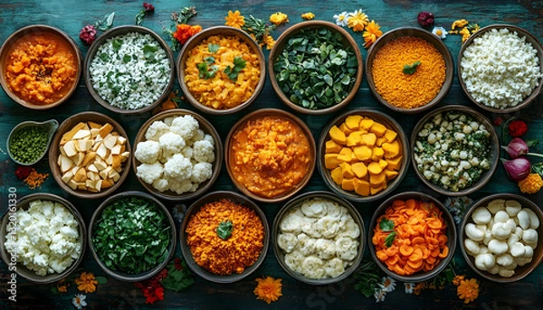Fototapeta Assorted Colorful Vegetarian Dishes in Bowls Overhead Studio Shot on Rustic Wood Background