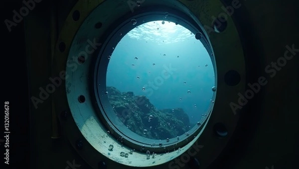 Fototapeta Mysterious deep sea view through submarine porthole with sun rays and bubbles
