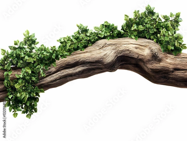 Fototapeta Curved Wooden Log with Lush Green Foliage, Isolated on White Background; Nature Design Element
