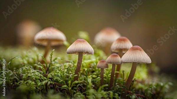Fototapeta Close-up of a small mushroom growing on blue moss. The details of the mushroom and moss are clearly expressed in soft natural light.