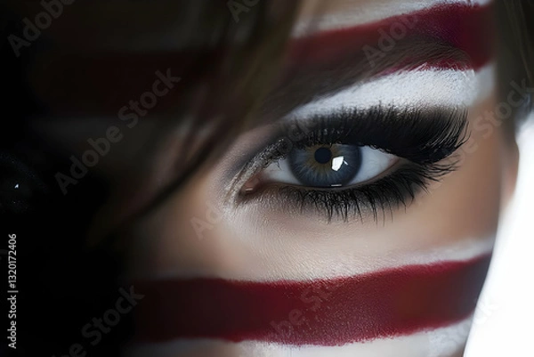 Fototapeta Close-up of a Woman's Eye with Dramatic Makeup and Red and White Stripes, Artistic and Stylish Photography