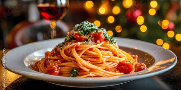 Fototapeta Spaghetti with Red Sauce: A tantalizing serving of spaghetti with red sauce, topped with freshly grated Parmesan cheese and a sprig of parsley, captures the essence of a classic Italian dish.