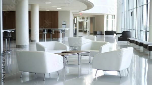 Fototapeta Minimalistic office lobby with modern furniture, soft lighting, calm atmosphere, white walls, professional studio light.
