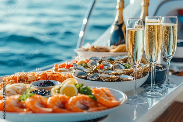 Fototapeta Seafood Delight on the Open Water: A decadent spread of fresh seafood, including oysters, shrimp, and caviar,  glistens invitingly on a table set against the backdrop of the sparkling ocean.