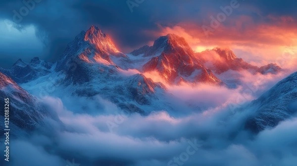 Fototapeta Majestic mountains illuminated with clouds reflecting the sunrise or sunset