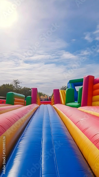Fototapeta Colorful Inflatable Obstacle Course Extends Under a Sunny Sky