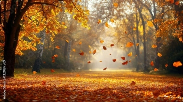 Fototapeta Beautiful autumn landscape with yellow trees and sun, colorful foliage in the park, falling leaves