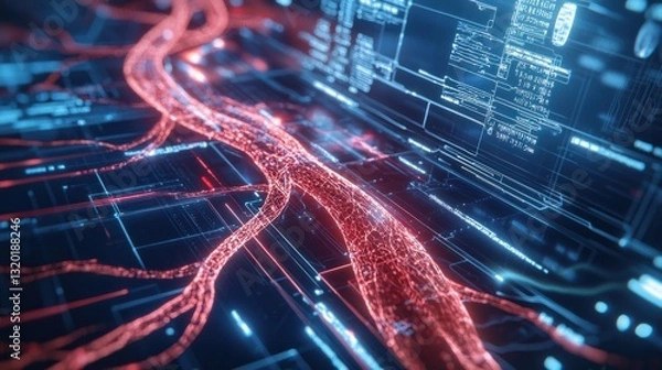 Fototapeta Abstract Digital River with Light Trails and Technology Elements