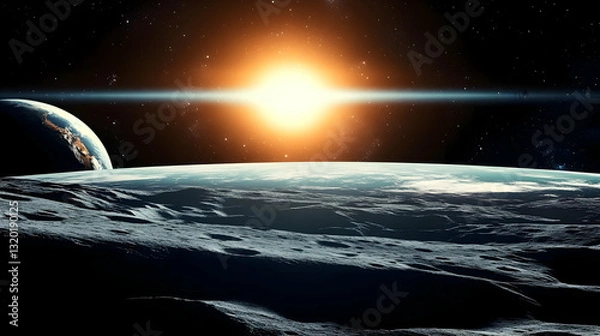 Fototapeta Digital illustration of a celestial body's surface, showing a bright star and another planet in the background, creating a dramatic cosmic landscape.